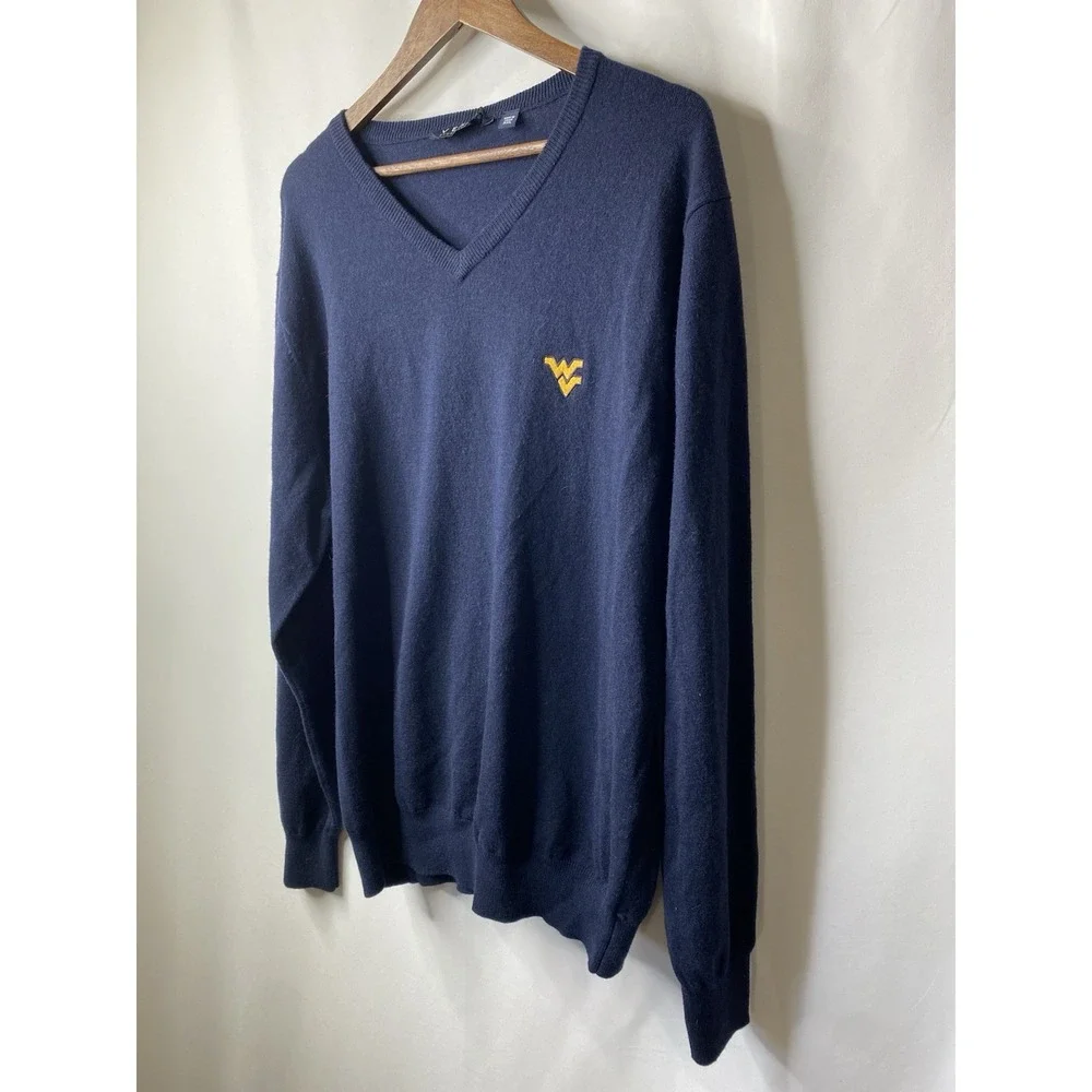 West Virginia Mountaineers Sweater Mens Size XXL Blue V Neck Pullover Wool Blend
